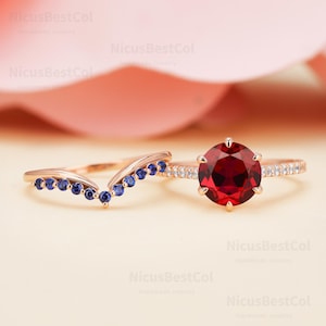 Round Red Lab created Ruby engagement ring 10K rose gold Art Deco Blue Sapphire Wedding band Moissanite Anniversary Stacking Bridal Ring Set