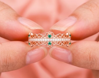 Vintage 10K Rose Gold Moissanite & Lab Emerald Ring