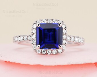 Unique Asscher Cut Lab Created Sapphire Promise Ring Cluster Moissanite Ring Vintage Natural Diamond Ring Anniversary Engagement Ring