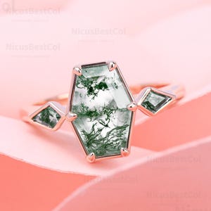 Unique 3ct Moss Agate Engagement Ring 925 Sterling Silver Bridal Wedding Ring For Women Three Stone Ring Statement Anniversary Solid Gold