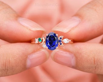 14K Solid Gold Oval Lab Sapphire Engagement Ring: Celestial Moon Cluster Moissanite Emerald Accents