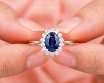 10K Gold Oval Lab Created Sapphire Engagement Ring, Art Deco Moissanite Anniversary Promise Ring