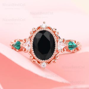 Natural Black Onyx Engagement Ring Oval Cut Promise Ring Moissanite Anniversary Ring Dainty Wedding Ring Unique Emerald Ring Gift For Women