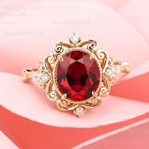 Vintage Oval Lab Rubin 10K Rose Gold Jubiläum Verlobungsring Handgemachtes Versprechen Geschenk für ihren Rubin Birthstone Einzigartige Moissanit Ring