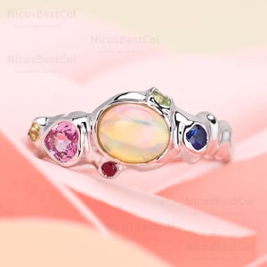 Anello ovale con opale naturale, anello di fidanzamento in oro 14 carati, anello di nozze ispirato alla natura, anello in metallo liquido con zaffiro blu naturale, anello in oro fuso in regalo