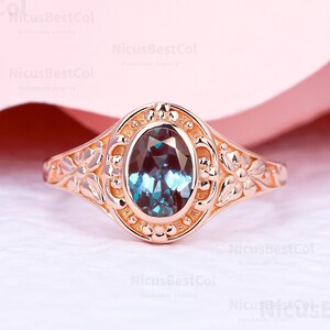Vintage Oval Cut Lab Created Alexandrite Engagement Ring For Her Handmade Promise Anniversary Ring Flower Ring Art Deco Leaf Premium Ring