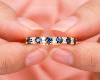 14K Gold Sapphire Wedding Band, Dainty Diamond Half Eternity Ring