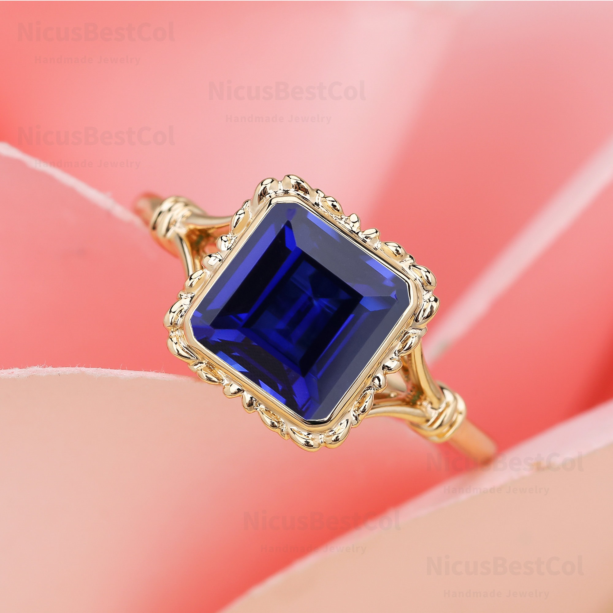 S925 Sterling Silver Radiant Cut Lab Created Sapphire Engagement Ring Vintage Blue Gemstone Anniversary Ring Dainty Solid Gold Sapphire Ring