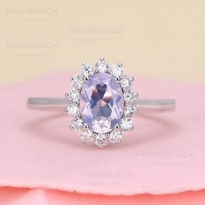 Unique Oval Natural Lavender Amethyst Engagement Ring 14K rose Gold Cluster Moissanite Promise Ring Dainty moissanite ring vintage gift