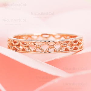 10K Rose Gold Wedding Band Handmade Vintage Hollowed-out Design Ring Minimalist Stacking ring Dainty Ring Anniversary Band Handmade Jewelry