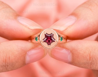 14k Gold Star Garnet Ring, Lab Emerald Accent Anniversary Ring