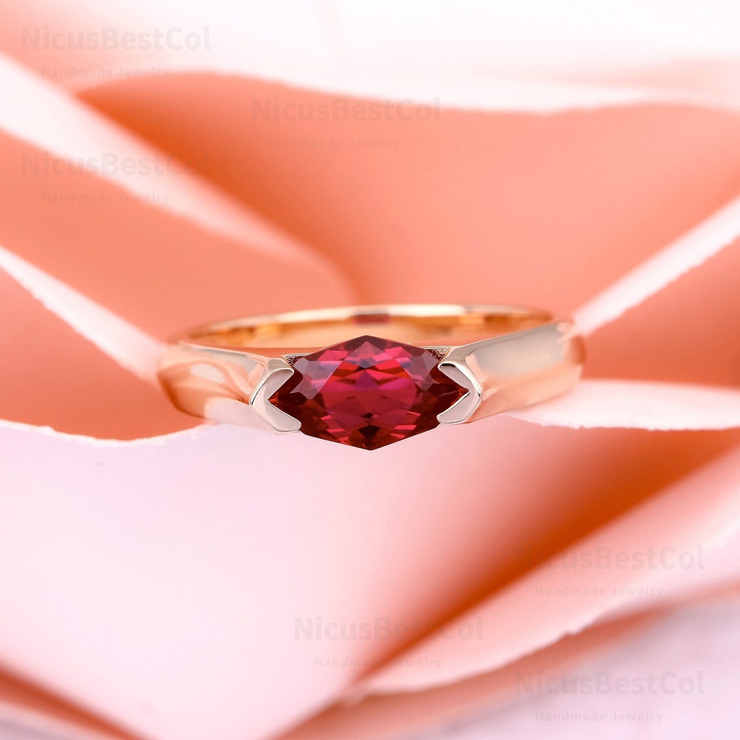 Marquise Shape Lab Created Ruby Engagement Rings for Women Unique 925