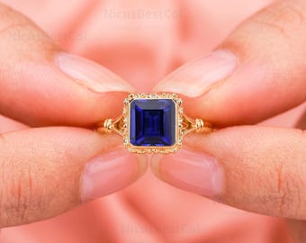 Vintage Style Sapphire Ring, Gold Plated Sterling Silver, Square Cut Gemstone