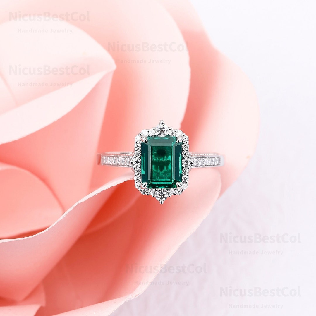 Emerald Cut Lab Emerald Ring Green Gemstone Ring Vintage 925 Sterling Silver Engagement Promise