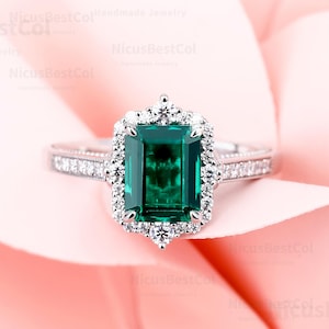 14K gouden lab emerald verlovingsring groene edelsteen ring vintage halo moissaniet jubileumring cadeau voor haar unieke smaragdgroene bruidsring