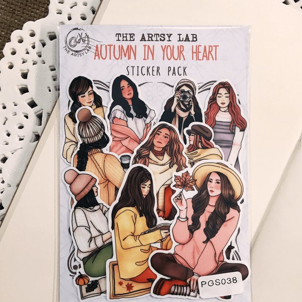 Autumn Fall Aesthetic Girl Stickers 10pcs, Vintage Journal, Minimalist Pumpkin, Die-Cut Planner Sticker, Bujo Scrapbook, TheArtsyLab