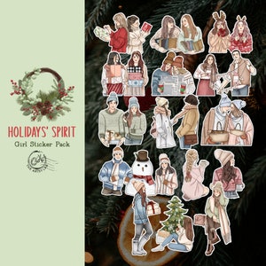 Pakiet naklejek Holidays' Spirit Girl, Dziennik par najlepszych przyjaciół, Minimalistyczna estetyka, Wykrojnik, Album świąteczny, TheArtsyLab