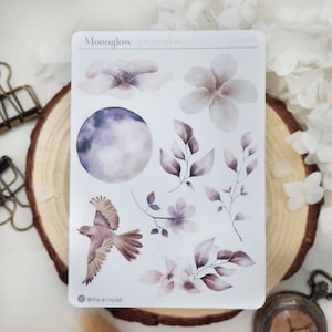 Feuille d'autocollants Luna, lune, fleur, hirondelle, autocollants esthétiques pour agenda, journal et album, bujo rose neutre, The Artsy Lab