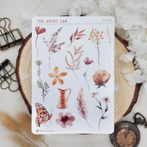 植物ステッカーシート、花柄、花、プランナー、日記、スクラップブック用の美しいステッカー、秋のブジョ、The Artsy Lab