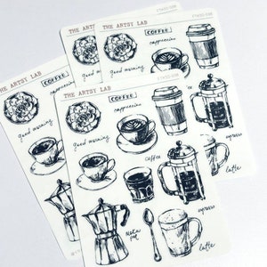 Coffee is Life スケッチ ステッカー シート、プランナー、ジャーナル、スクラップブック用の美しいステッカー、ブック ジャーナリング Bujo、The Artsy Lab