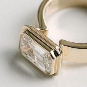 Bezel Set East West 3 CT Emerald Cut Moissanite Diamond Engagement Ring 14K Solid Yellow Gold Bezel Set Wedding Ring Anniversary Gift Ring