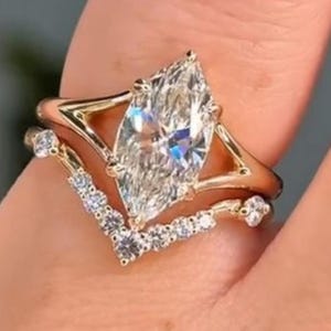 2 CT Marquise Cut Moissanite Bridal Engagement Ring Set With Matching 14K Gold Band Unique Wedding Band Anniversary Vintage Gift Ring Set
