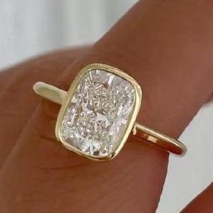 3 CT Bezel Set Elongated Cushion Cut Moissanite Engagement Ring 14K Gold Wedding Ring Cushion Solitaire Diamond Anniversary Ring For Her