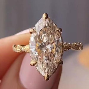 Vintage 3 CT Marquise Cut Hidden Halo Moissanite Engagement Ring 14K Solid Gold Unique Twisted Shank Wedding Gift Ring Promise Ring For Her