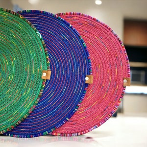Multicolor Round Placemat, Rainbow Rope Placemat, Handmade Colorful Dining Mat, Green Pink Blue Double Sided Table Mat, Gradient Platemat
