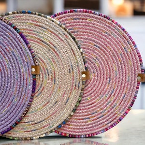 Colorful Round Placemats Set of 4, Handmade Braided Dining Mat in Lilac, Beige, Light Pink, Rainbow Rope Placemats, Double Sided Table Mats