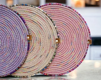 Colorful Round Placemats Set of 4, Handmade Braided Dining Mat in Lilac, Beige, Light Pink, Rainbow Rope Placemats, Double Sided Table Mats