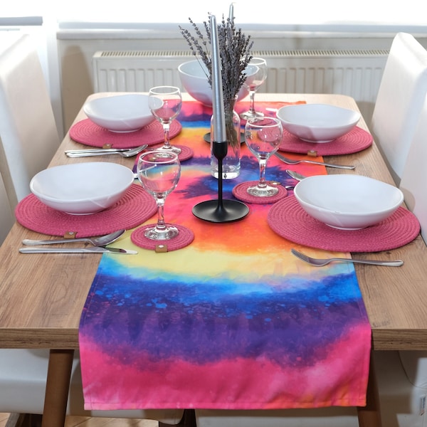 Tie Dye Style Rainbow Table Runner | Vibrant Color Tablecloth | Boho Chic Table Decor | Summer Tablecloth | Colorful Runner