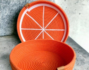 Round Orange Basket with Lid, Make Up Organizer, Colorful Cotton Rope Storage Baskets, Handmade Kitchen Organizer, Cotton Cord Basket