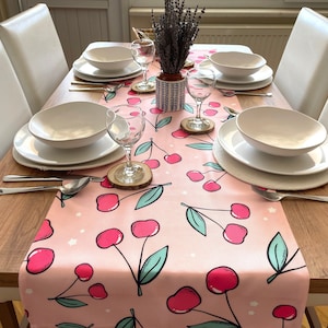 Cherry and Stars Table Runner | Printed Fabric Tablecloth | Vintage Handmade Textile | Colorful Table Cloth | Pink Green Table Runner