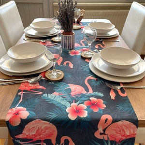 Flamingo Table Runner | Tropical Tablecloth | Exotic Leaves Print | Watercolor Palm Leaf | Modern Home Textile | Summer Tablecloth