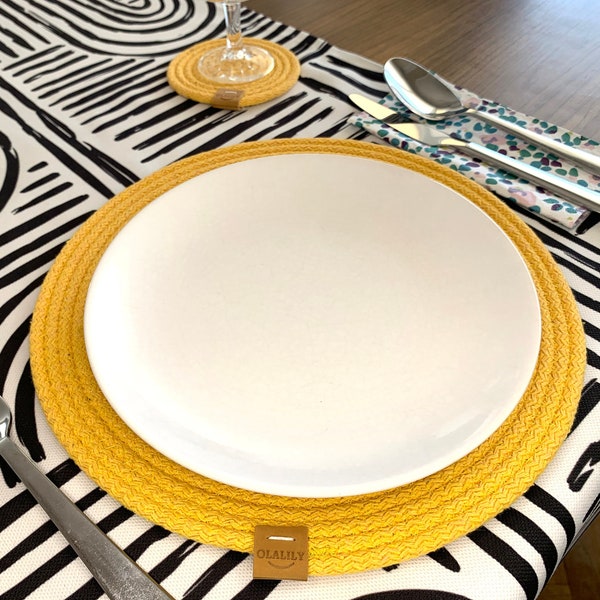 12" Yellow Honeycomb Round Placemats & Coasters Set, Handmade Personalized Placemat, Dinner Mat, Rope Kitchen Mat, Placemats for Round Table