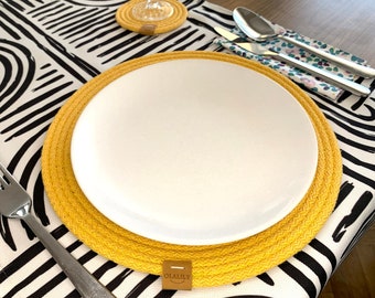 12" Yellow Honeycomb Round Placemats & Coasters Set, Handmade Personalized Placemat, Dinner Mat, Rope Kitchen Mat, Placemats for Round Table