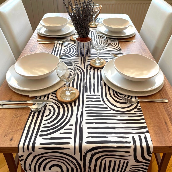 Contemporary Table Runner | Black White Tablecloth | Black Striped Runner | Wedding Table Centerpiece | Modern Country Style | Modern Runner