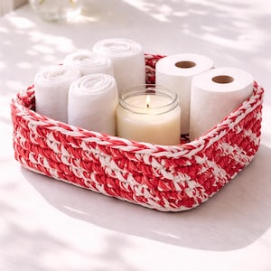 Handgemaakte gehaakte opbergmand, katoenen T-shirtgarenorganizer, rechthoekige badkamermand, geweven woondecoratie, plank opbergbak