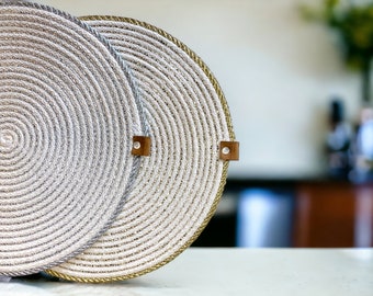 Gold Threads Placemat, Silver Round Placemat, White Rope Placemat, Double Sided Place Mat, Silver Table Decor, Iridescent Sequin Mats