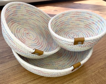 Set of 3 Rope Basket | Cotton Rope Storage Bowl | Round Organizer Basket | Hand Woven Bread Bin | Bathroom Storage | Entryway Basket