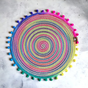 Colorful Round Pom Pom Placemat, Rainbow Rope Placemat, Handmade Colorful Dining Mat, Beige Multicolor Table Mat, Gradient Place Mat