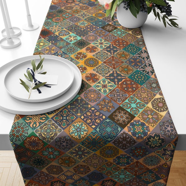 Turkish Kilim Style Table Runner | Quilted Table Cover | Traditional Rug Tablecloth | Geometric Tablemat | Tile Table Runner