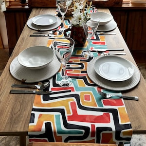 Mid Century Modern Geometric Table Runner | Pastel Colour Table Cloth | Vintage Table Linen | Abstract Home Decor | Coffee Table Decor