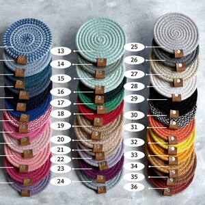 May include: Thirty-six round woven coasters in various colors, including blue, green, red, yellow, and brown. The coasters are stacked in columns of six, with numbers 1-36 printed on the left side of the image.