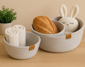 Set of 3 Rope Baskets | Handmade Cotton Rope Organizer Bowls | Bathroom & Nursery Storage