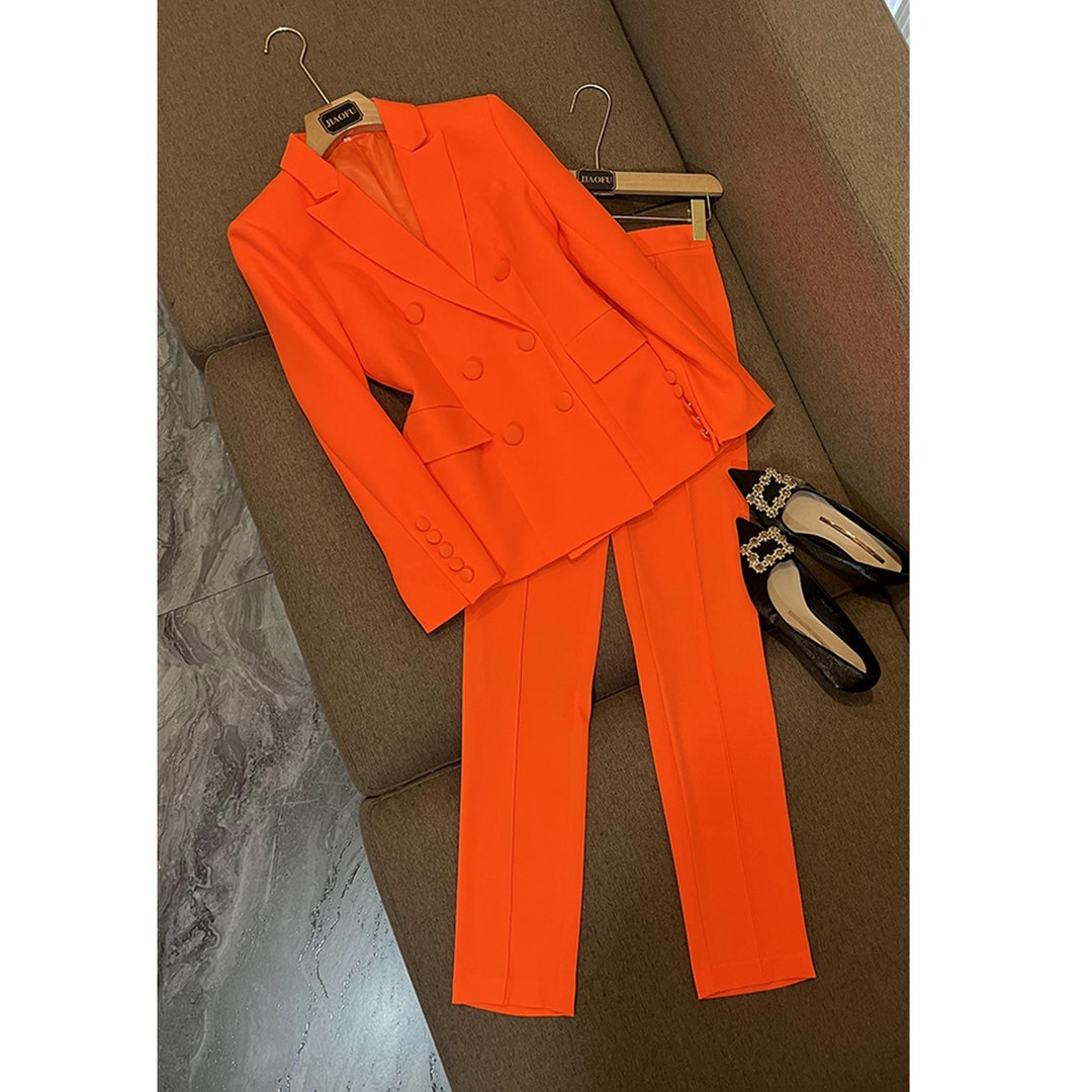 Blazer Pantsuits Sets Fluorescent Orange Autumn Double - Etsy