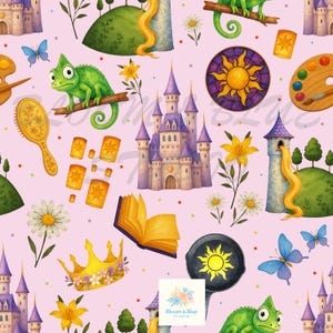 May include: A repeating pattern featuring a fairytale theme with a pink background. The design includes a purple castle, a green chameleon, yellow flowers, butterflies, and a golden crown. Other elements include a hairbrush, a frying pan, and a stained glass window.