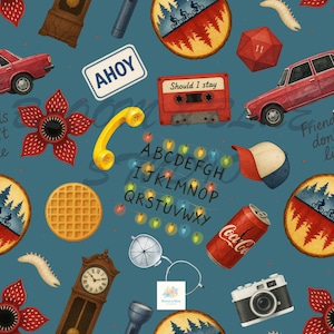 May include: A teal background with a repeating pattern of various elements. Included are red cars, a cassette tape, a waffle, a Coca-Cola can, a camera, and a sign that says "AHOY". Other elements include a Demogorgon flower and a baseball cap.