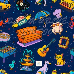 May include: A navy blue seamless pattern with cartoon illustrations of a sofa, guitar, coffee cups, and a turkey wearing sunglasses. The words "Central Perk" and "How You Doin'?" are also visible. The design includes a variety of other cartoon elements.